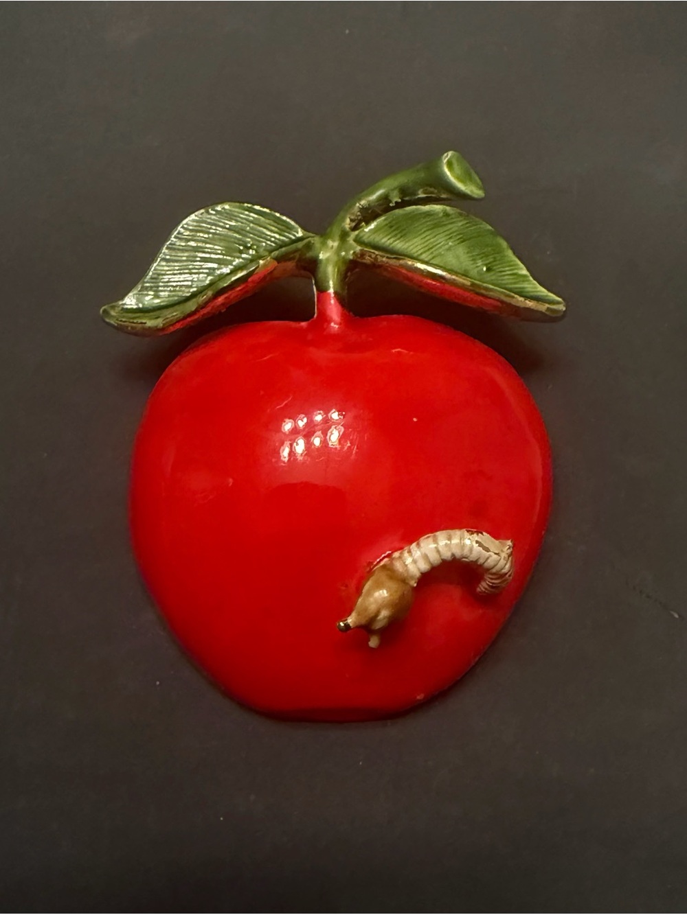 Vintage Signed Original by Robert Enamel FRUIT APPLE INSECT WORM Pin Brooch